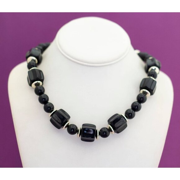Vintage Black and Gold Geometric Beaded Necklace 30 Inch - V16 - Picture 1 of 3